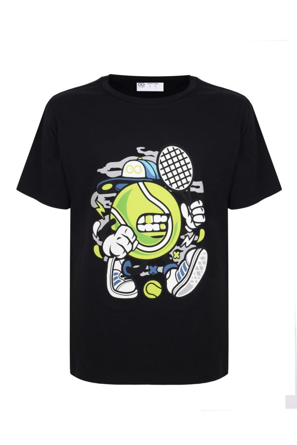 Erkek Çocuk Siyah Tenis Top Desenli Pamuklu Tişort Ön